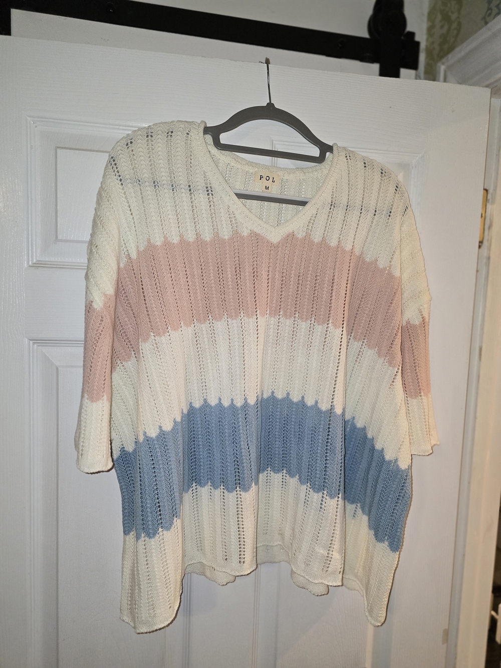 POL Ribbed V-Neck Sweater in Cream, Blush Pink & Light Blue